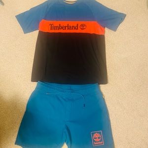 Timberland Men's set Short Sleeve Cut tee Logo & Sweat Shorts with pockets- new